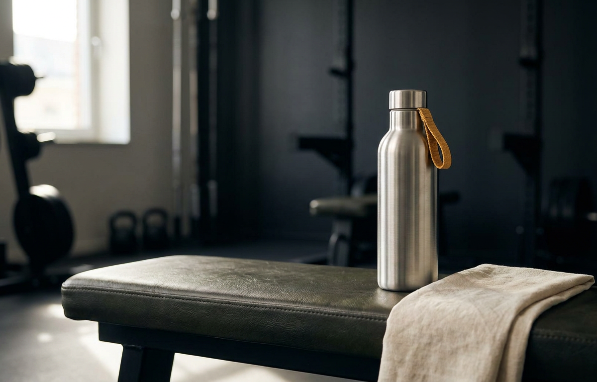 Uomo sportivo che beve acqua durante l'allenamento suggerendo corretto stile di vita.
