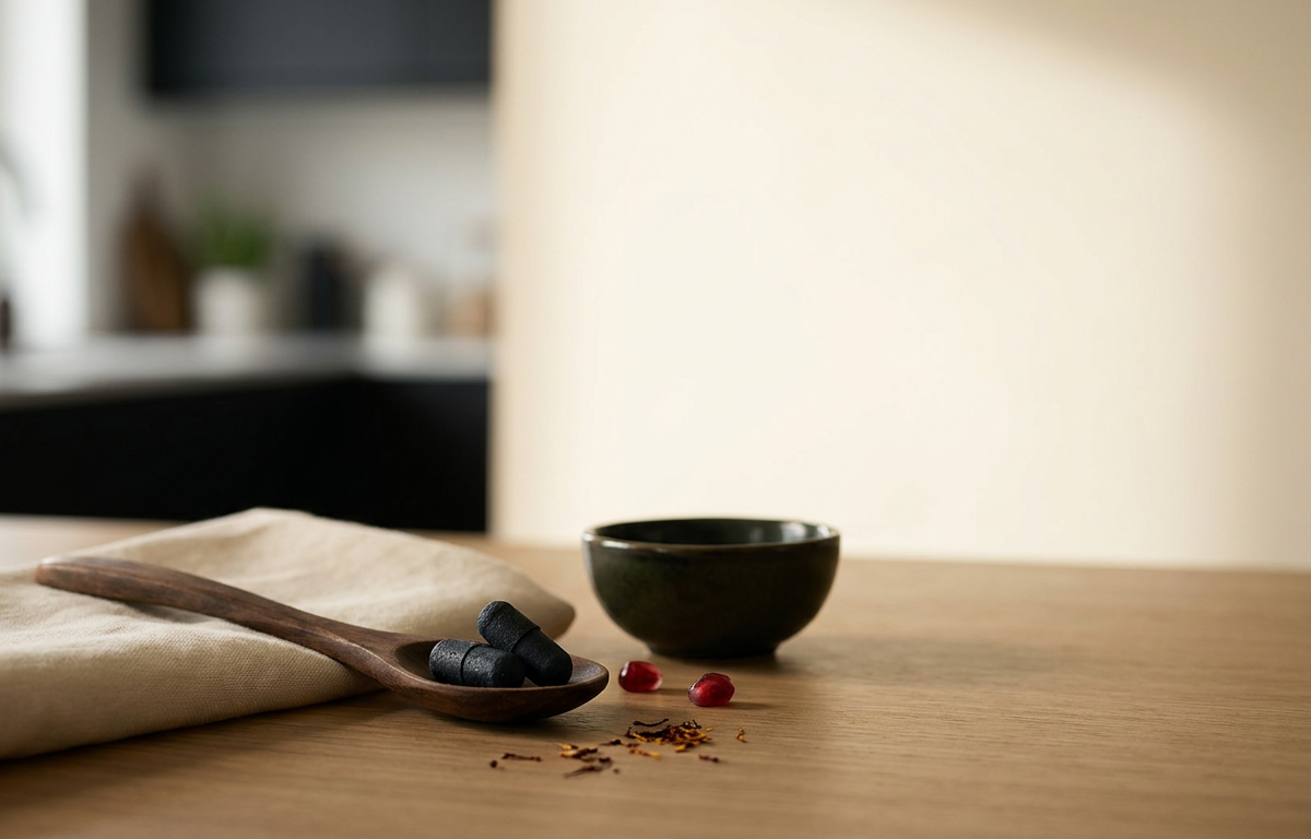 Capsule di integratore di acai ad alto dosaggio su un cucchiaio di legno