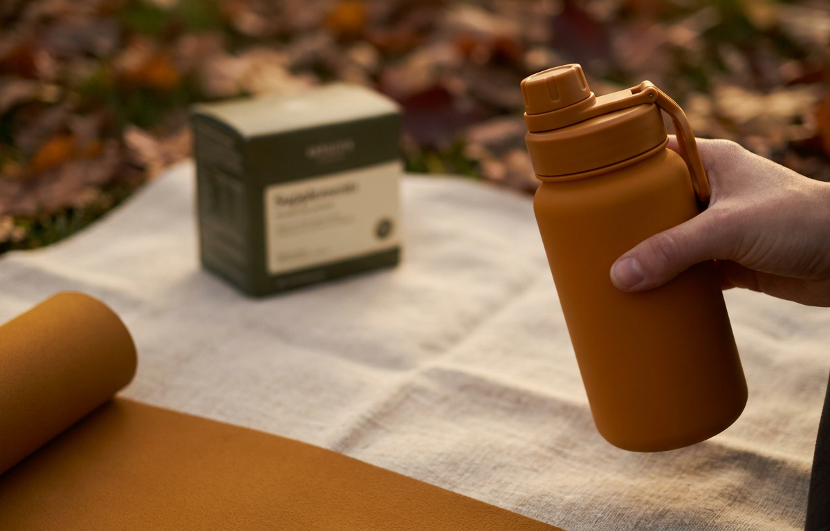 Donna sportiva che beve acqua dopo l'allenamento con flacone di integratore vicino