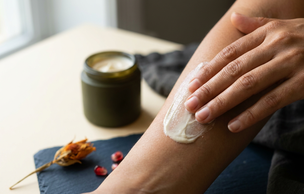 Una mano femminile applica una piccola quantità di crema bianca su una porzione di pelle del décolleté