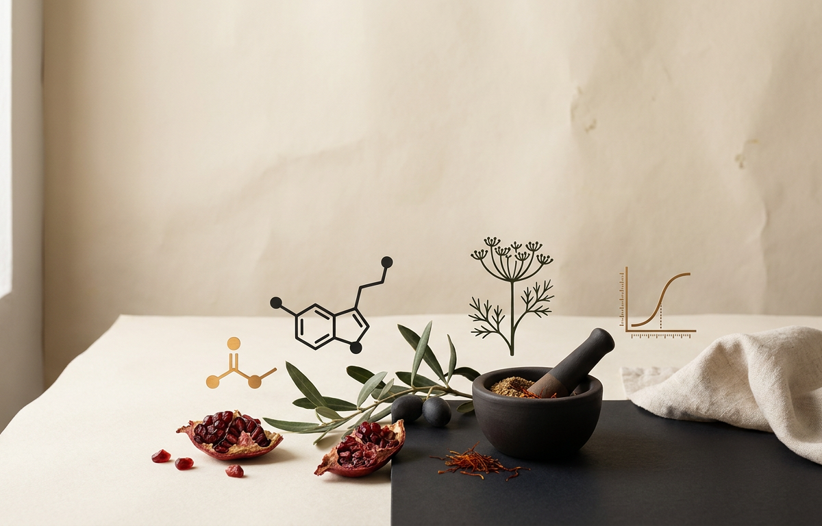 Infografica stilizzata che mostra estratti di fieno greco, trifoglio rosso e vitamina B6 su sfondo scientifico clean