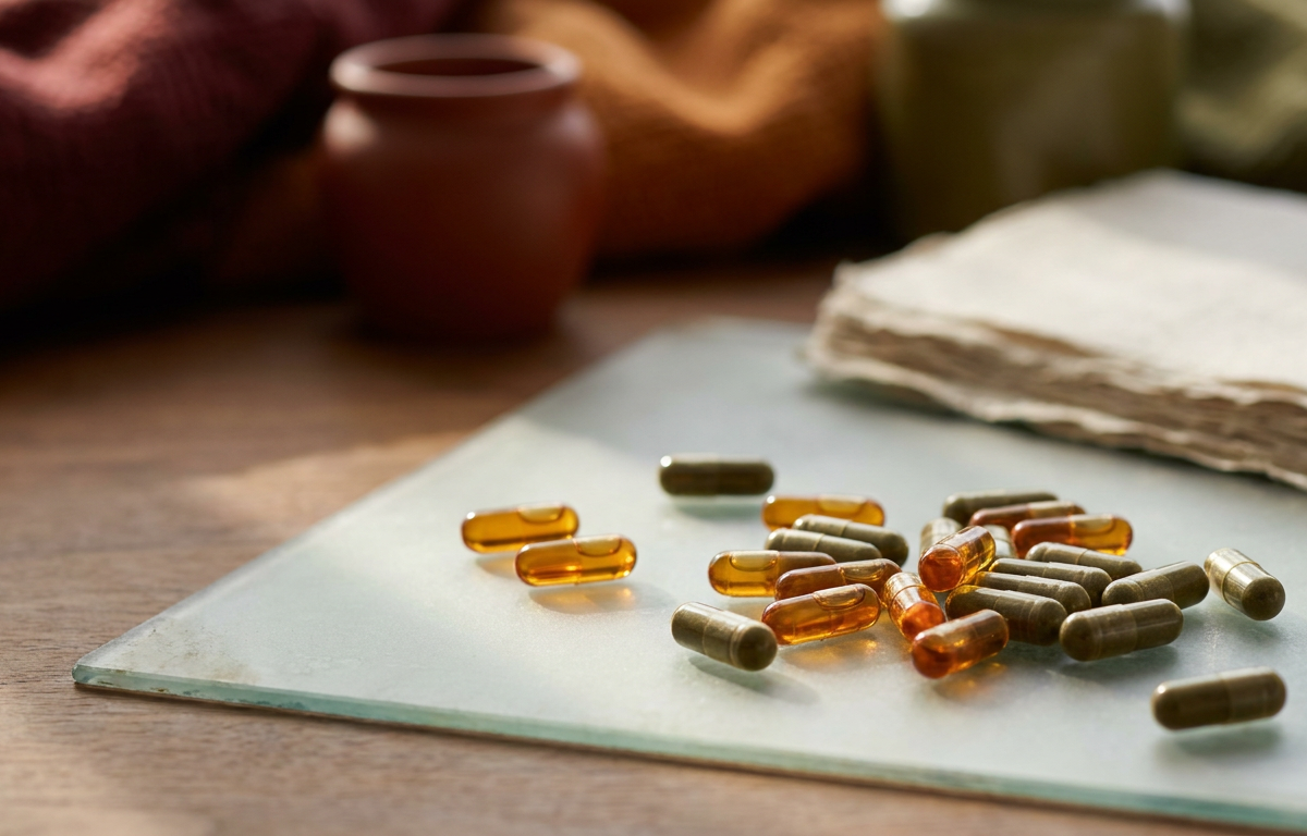 Dettaglio di capsule trasparenti contenenti polvere di semi di African Mango.