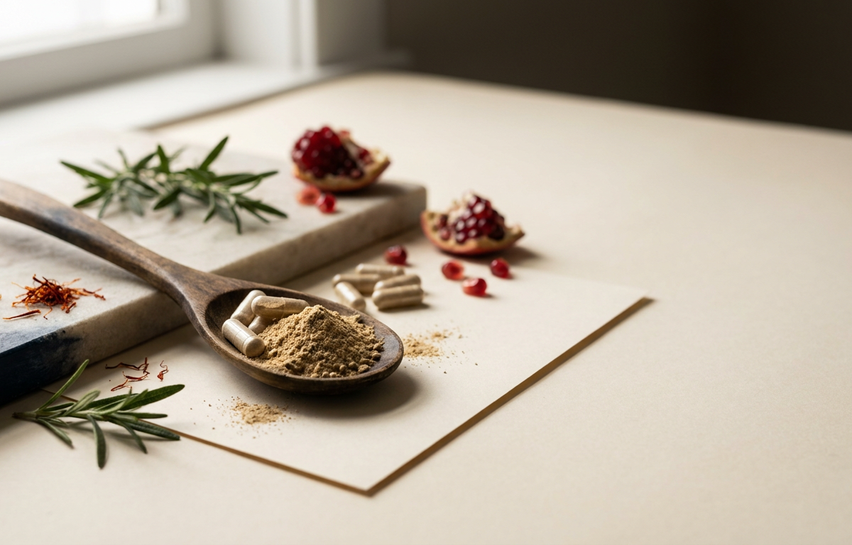 Capsule di integratore naturale e polvere di estratti vegetali su cucchiaio di legno
