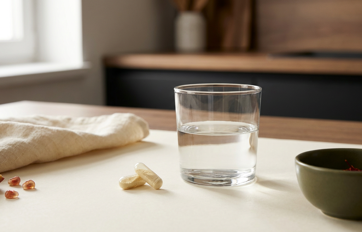 Un bicchiere d'acqua e due capsule poste su un piano di marmo, dettaglio nitido.