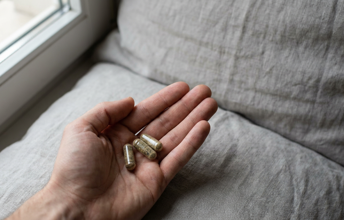 Tre capsule di integratore naturale Bulk Extreme sul palmo di una mano maschile per illustrare il dosaggio tipico 2026.