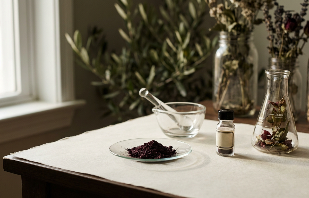 Foglie di palma e bacche di acai in ambiente tropicale scientifico per ricerca 2026
