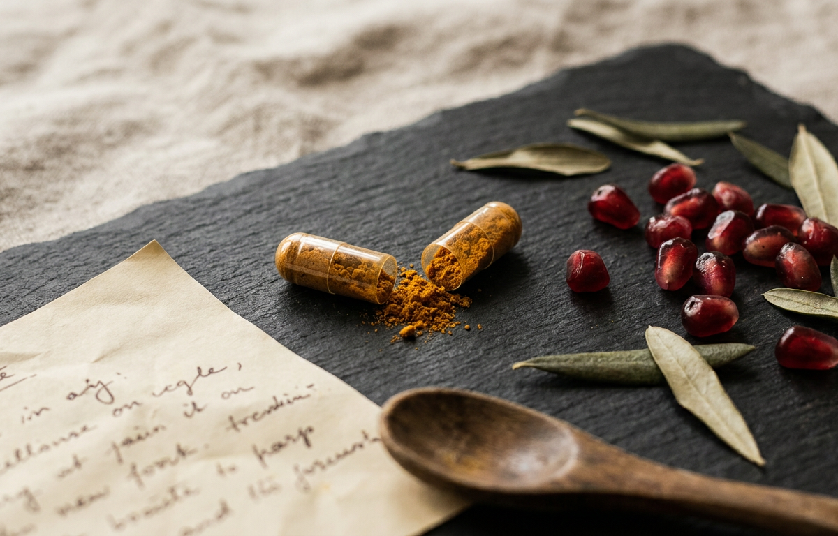 Dettaglio di capsule trasparenti con estratto d'erba verde e cromo su superficie naturale