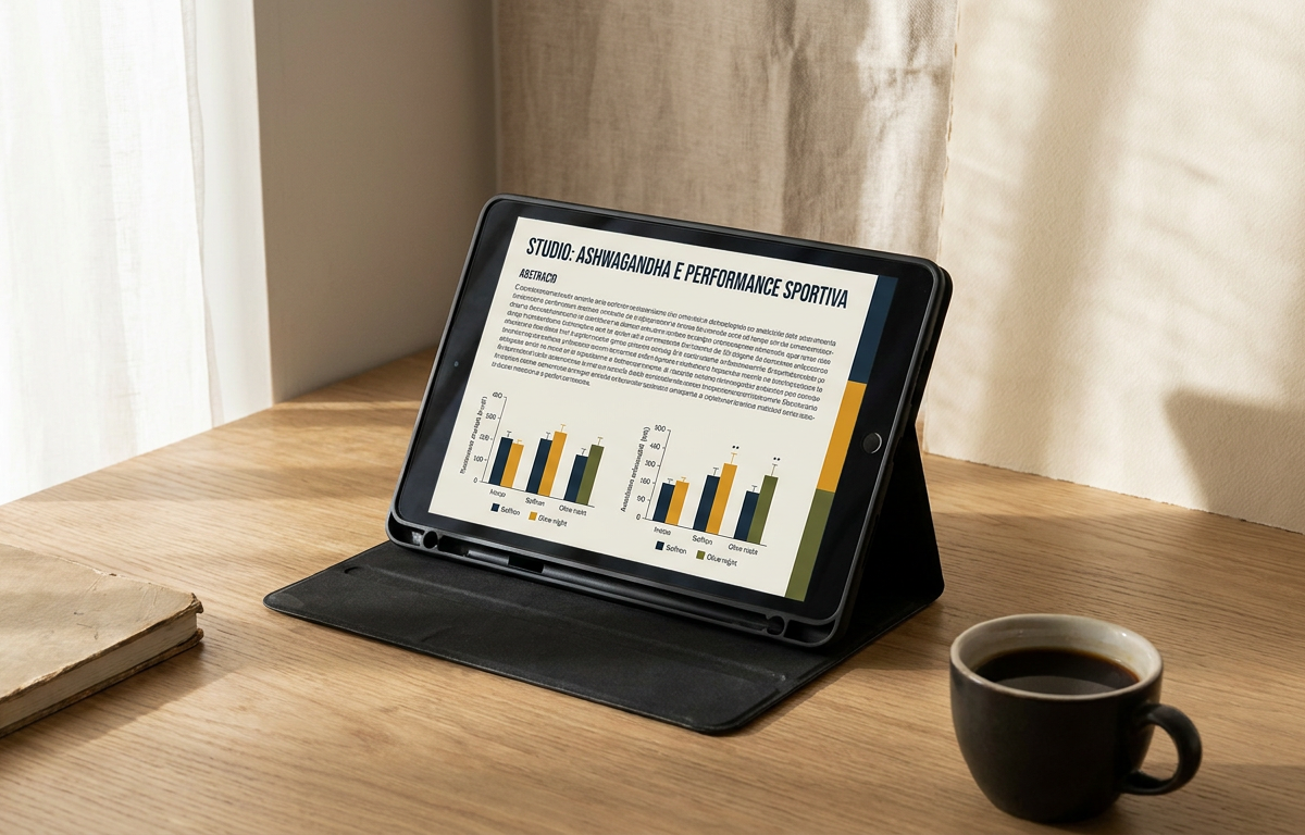 Dettaglio di un tablet che mostra grafici scientifici su PubMed sulla sintesi proteica 2026