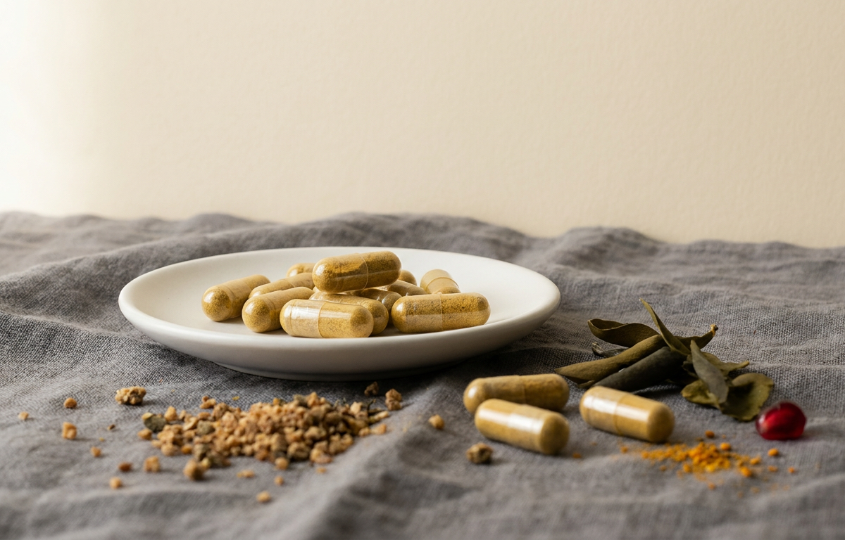 Ingredienti naturali e capsule di integratore su un piattino di ceramica bianca