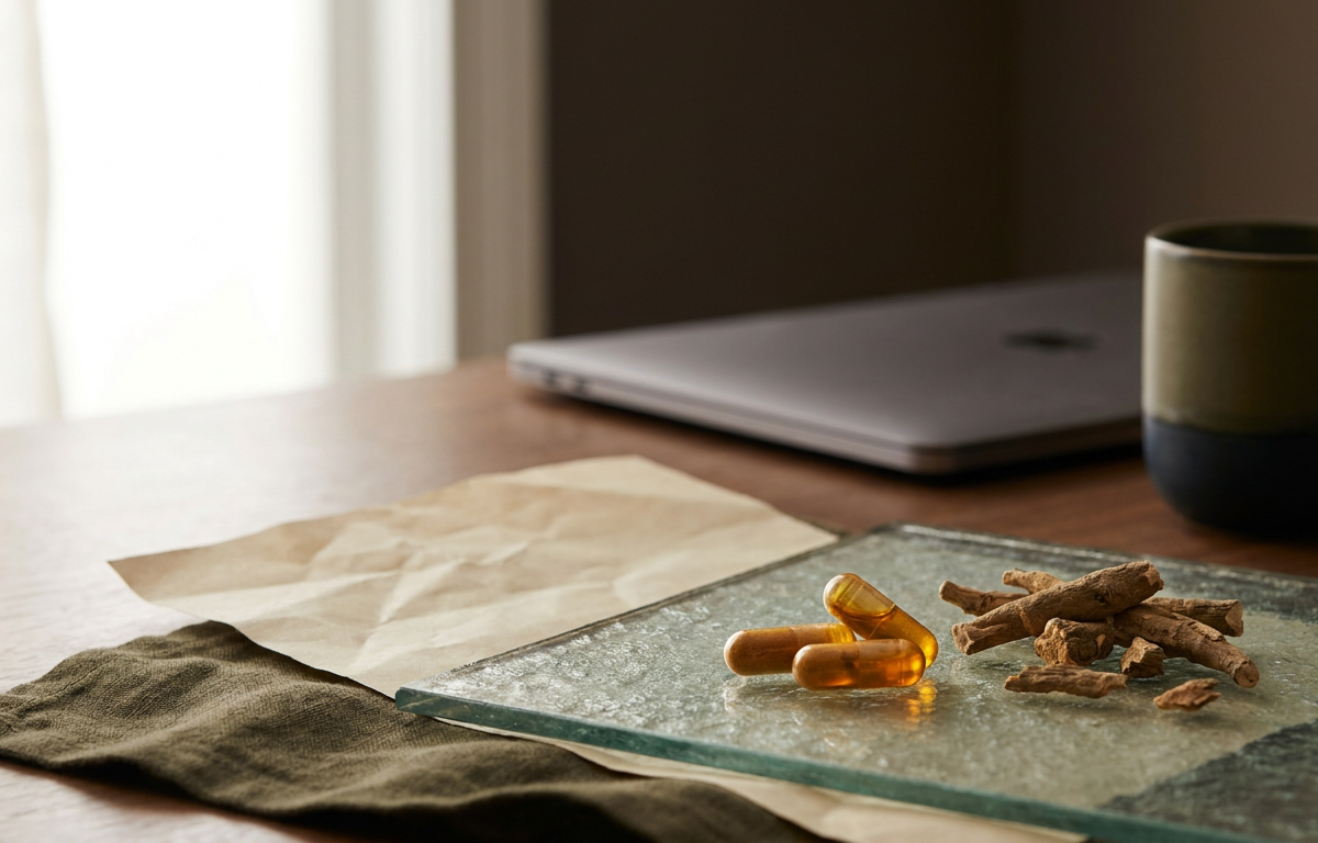 Tabella ingredienti nootropici e capsule Brain Actives su sfondo ufficio moderno