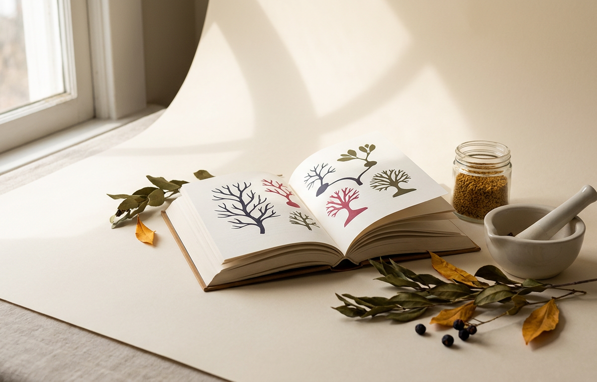 Estratti vegetali e libri di ricerca medica su un tavolo di legno chiaro