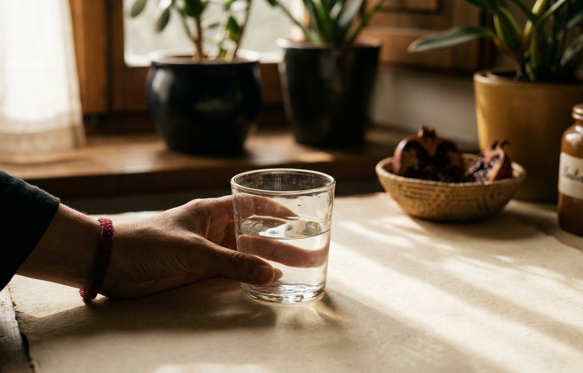 Persona che beve acqua mentre assume un integratore naturale per il benessere