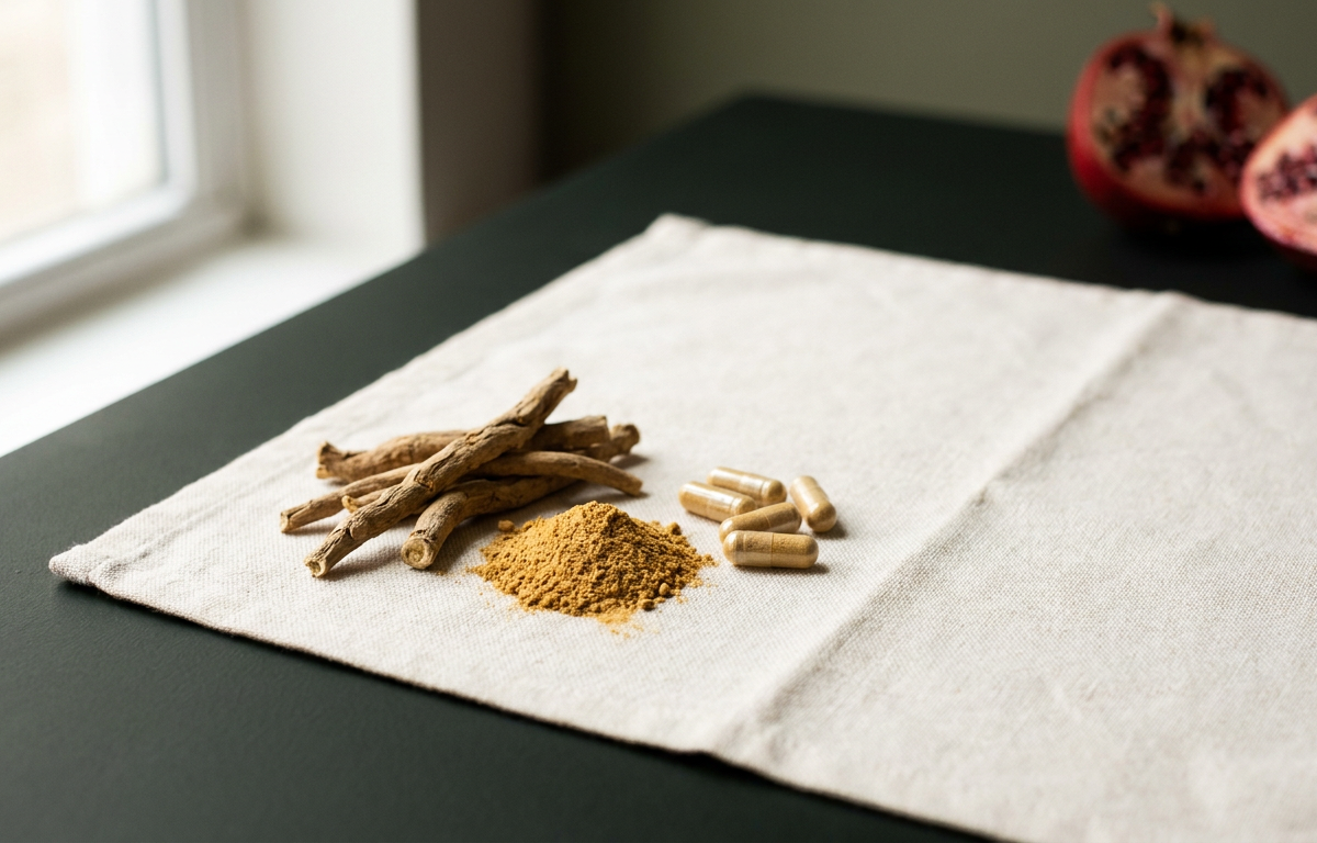 Dettaglio di radice di Ashwagandha e polvere in un piatto di ceramica scura
