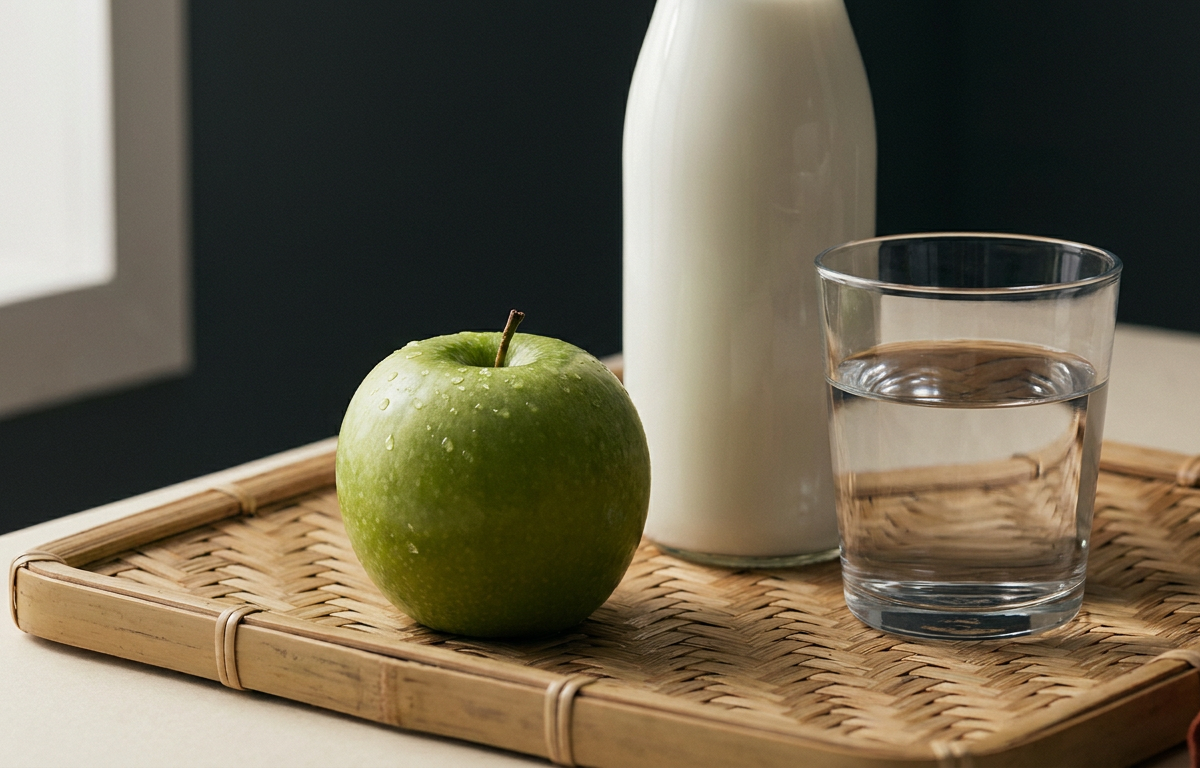 Bicchiere d'acqua e flacone di integratore accanto a una mela verde fresca 2026