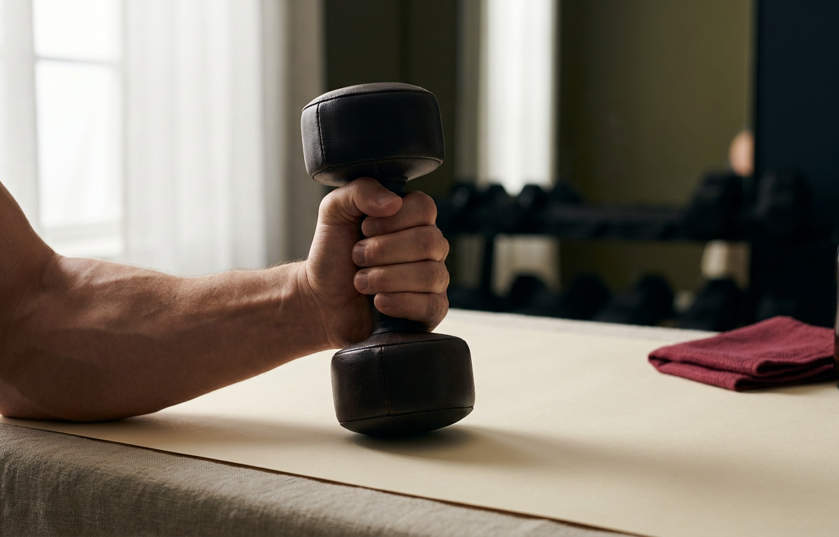 Uomo che si allena in sala pesi mostrando forza e determinazione fisica