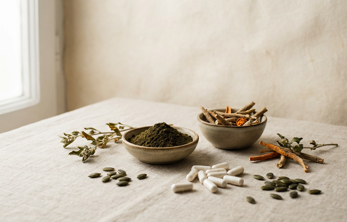 Dettaglio di capsule di Bulk Extreme accanto a estratti di erbe naturali per il fitness.