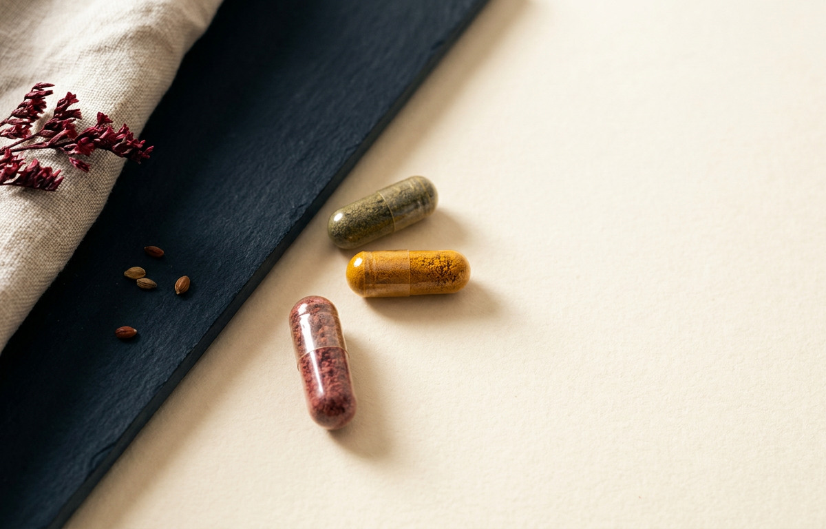Dettaglio di capsule trasparenti con estratto d'erbe su superficie bianca minimalista 2026