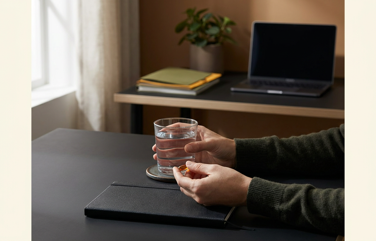 Persona che beve acqua mentre lavora al computer in un ufficio moderno e luminoso 2026