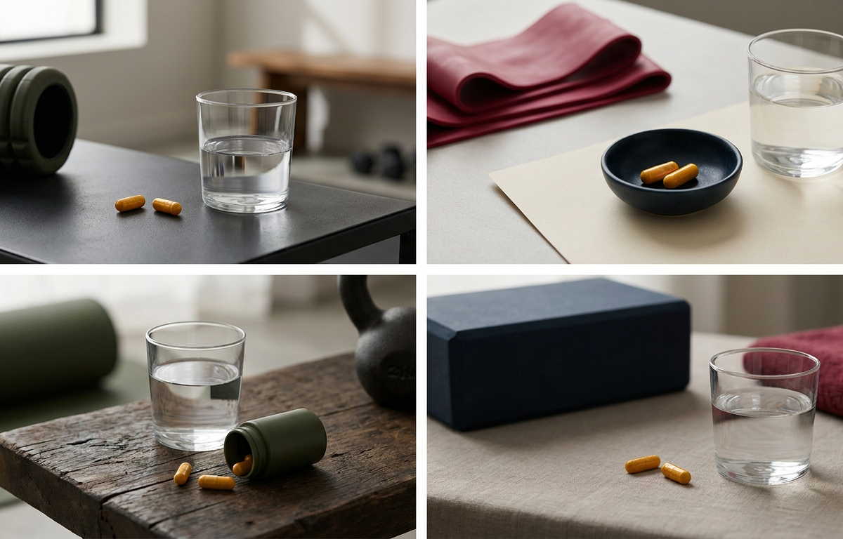 Dettaglio di capsule da 500 mg e acqua su un tappetino da yoga per il timing di Aflogis 2026