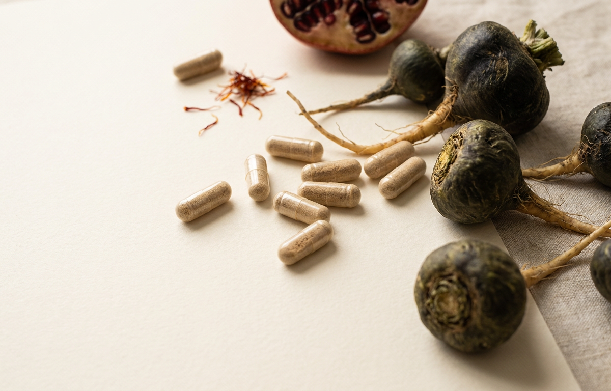 Capsule di Bulk Extreme accanto a estratto di ashwagandha e radice di maca.