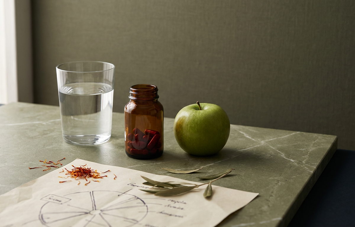Tavolo con acqua, integratori e piano alimentare per la definizione muscolare.