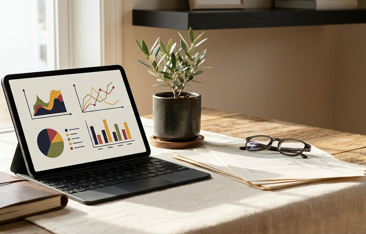 Analisi scientifica dei benefici dell'acai tramite infografica stilizzata e tablet su tavolo da consultazione