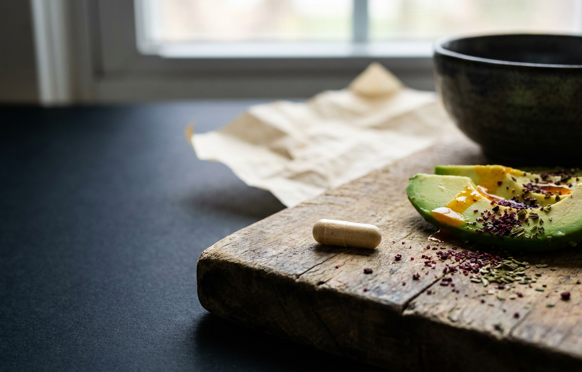 Capsula di integratore accanto a semi di lino e avocado per illustrare la sinergia nutrizionale 2026