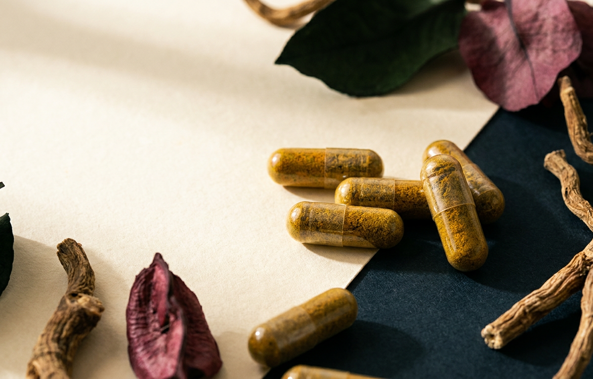 Capsule di integratore naturale e radici di Withania somnifera su piano in pietra 2026