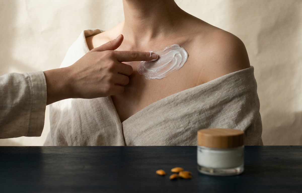 Donna che applica crema idratante sul décolleté per prova costume 2026