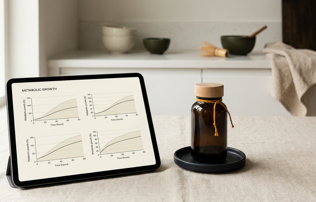 Infografica scientifica o tabella comparativa su dosaggio acai e benefici metabolici