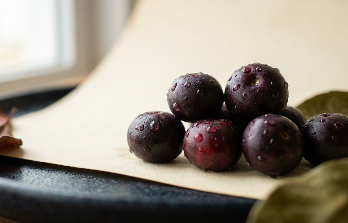 Dettaglio di bacche di acai fresche ricche di antociani per il supporto energetico 2026