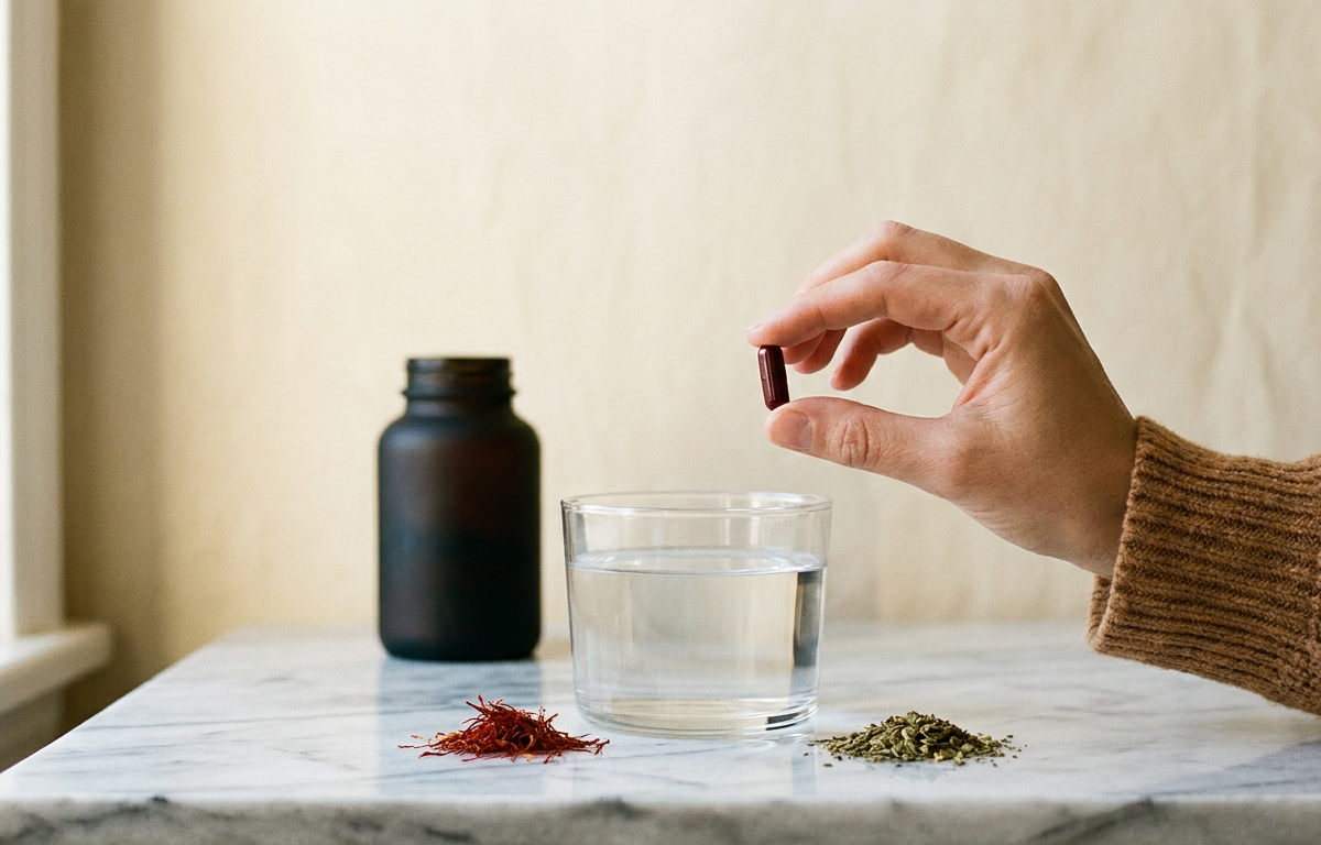 Routine mattutina con integratore e bicchiere d'acqua per il dimagrimento primaverile