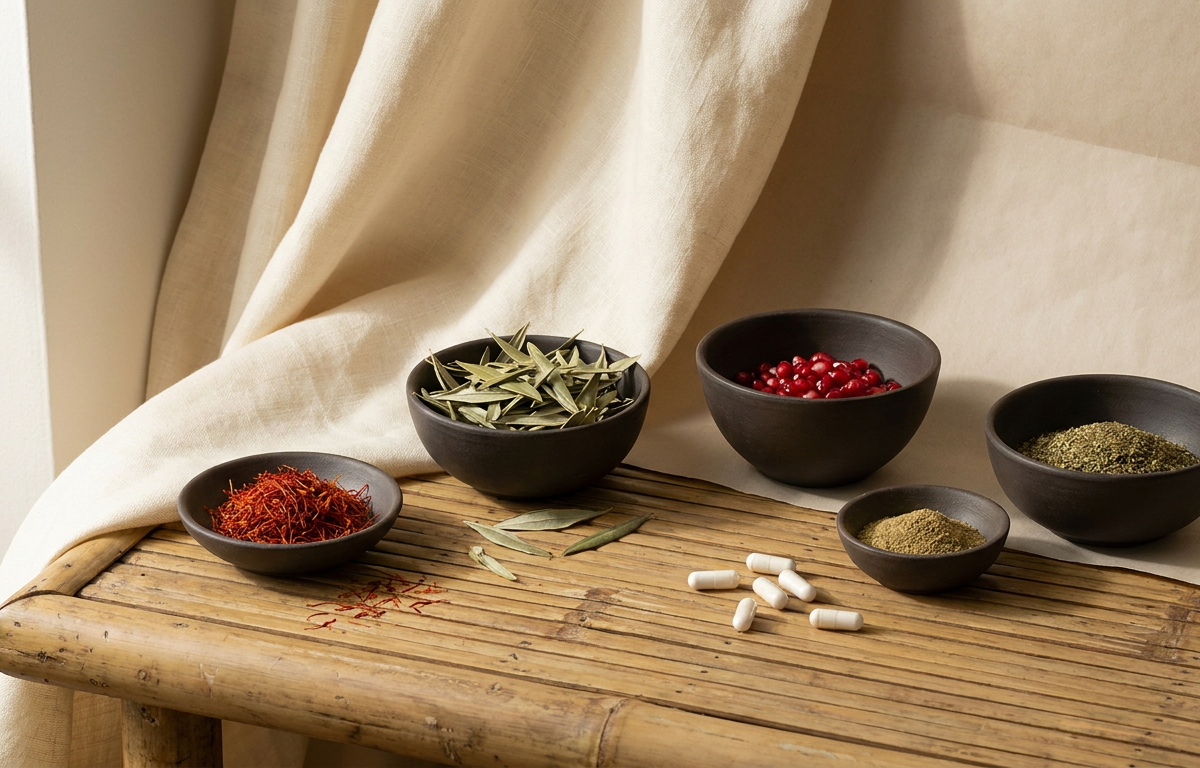 Capsule di Bulk Extreme accanto a foglie di ashwagandha e arancia amara su un piatto di ceramica marrone