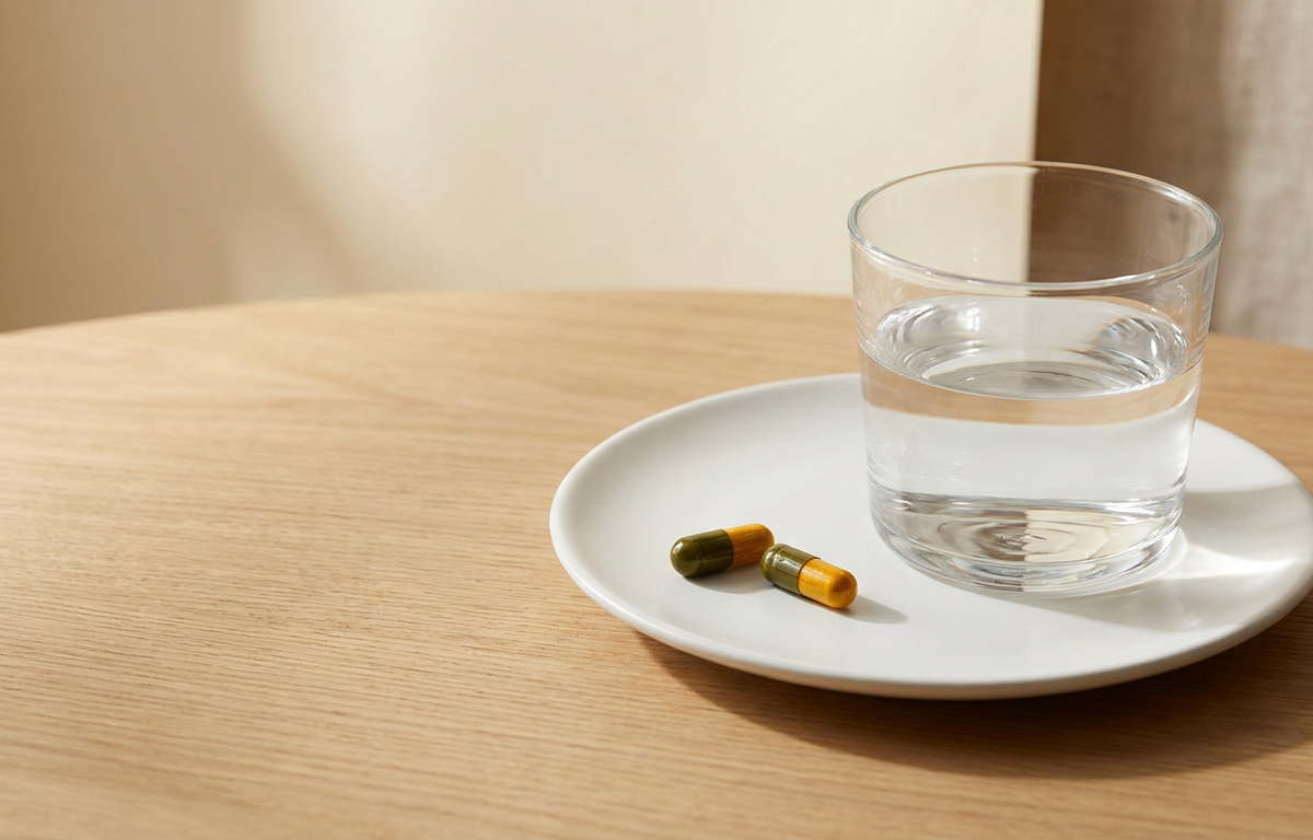 Capsule di Varicorin accanto a un bicchiere d'acqua per il dosaggio giornaliero 2026