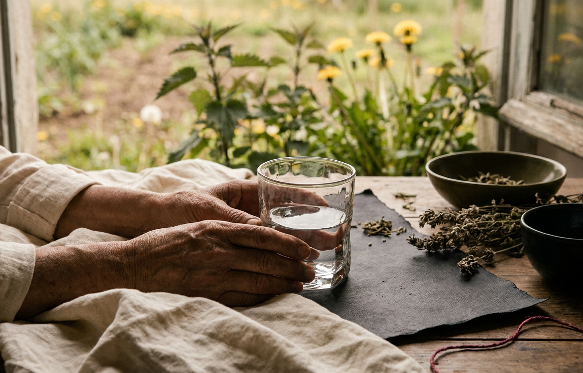 Donna che beve acqua fresca circondata da ortica e tarassaco piante officinali