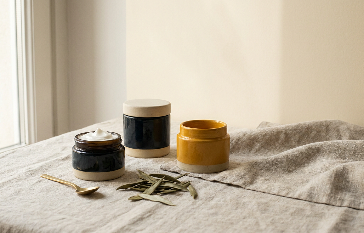Dettaglio dell'applicazione della crema Bravona Forte sulla pelle del décolleté luminosa e idratata.