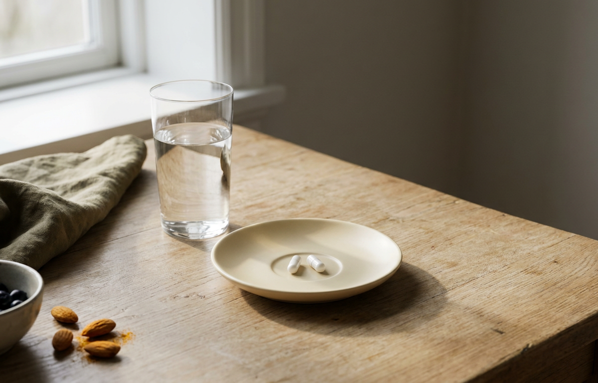 Capsule bianche di integratore accanto a un bicchiere d'acqua cristallina su tavolo di legno.