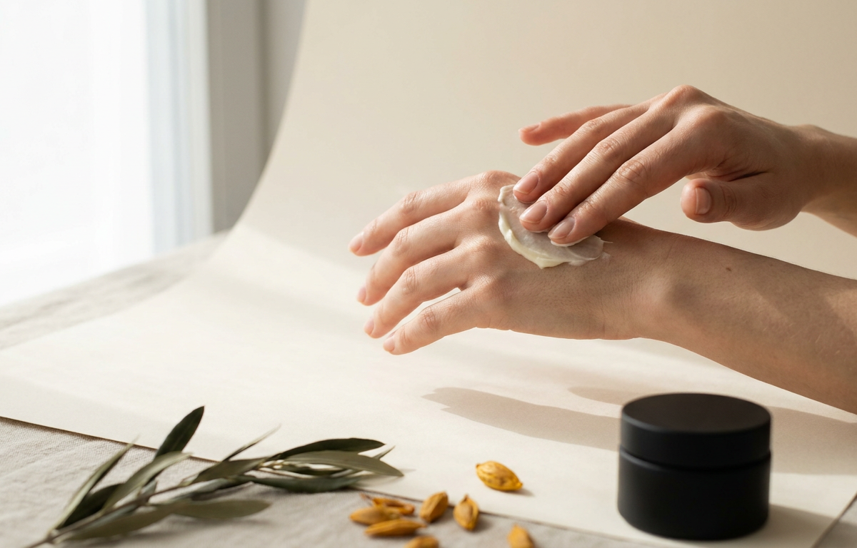 Applicazione crema rassodante seno con microcircolo evidenziato.