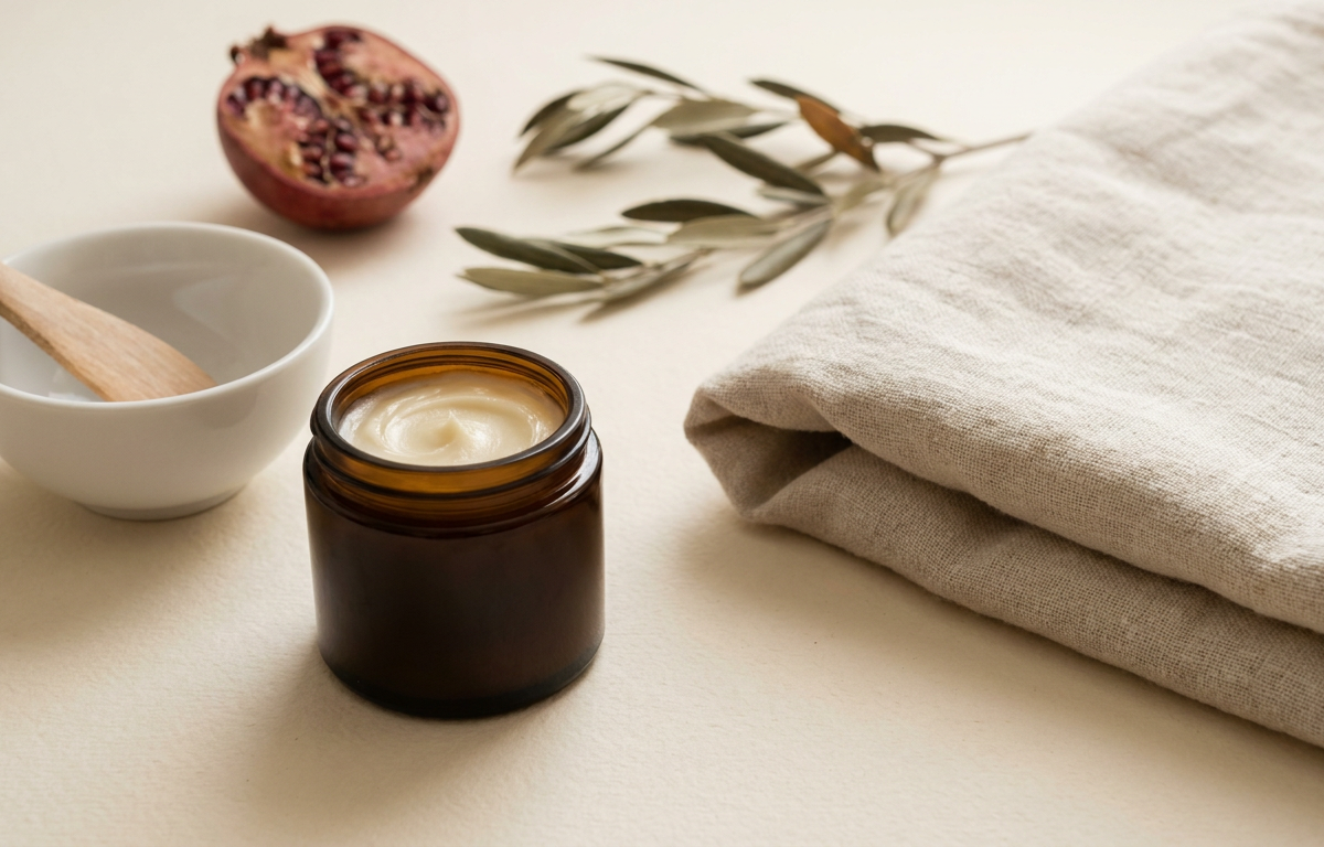 Donna che applica una crema cosmetica sul decolleté con gesti delicati 2026