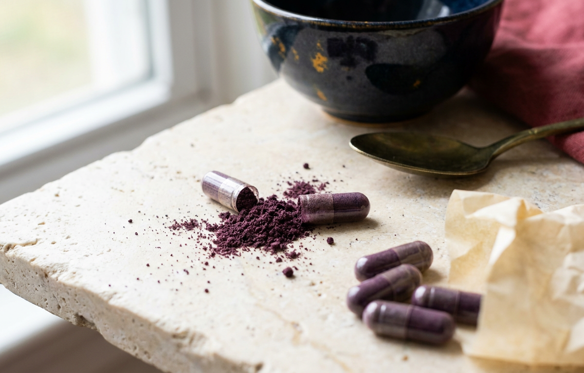 Capsula di Acai Berry Extreme aperta che mostra la polvere di acai viola scuro per il metabolismo 2026