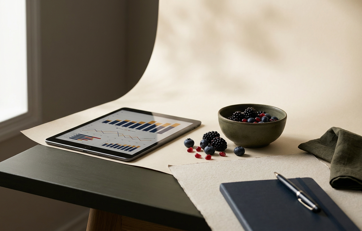 Documentazione scientifica e bacche acai su scrivania editoriale Sapidia 2026