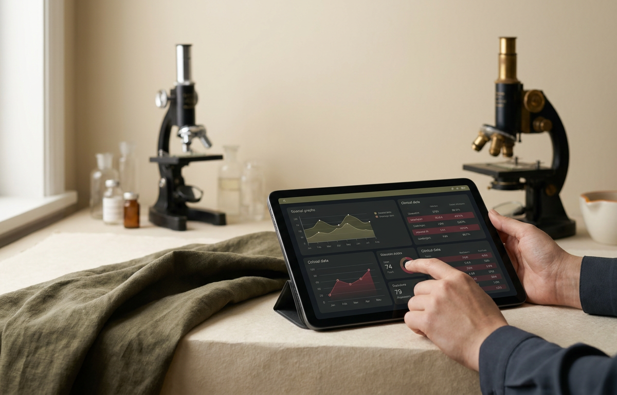 Ricercatore che analizza dati biochimici su un tablet in laboratorio scientifico 2026