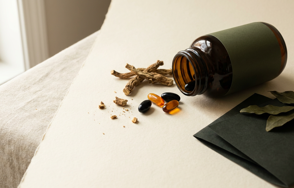 Primo piano di capsule di NuviaLab Vitality e radici di Ashwagandha fresche su una superficie neutra