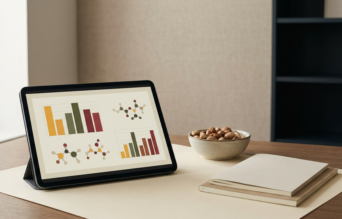 Grafico infografico stilizzato su tablet che mostra i livelli di antiossidanti delle bacche di acai