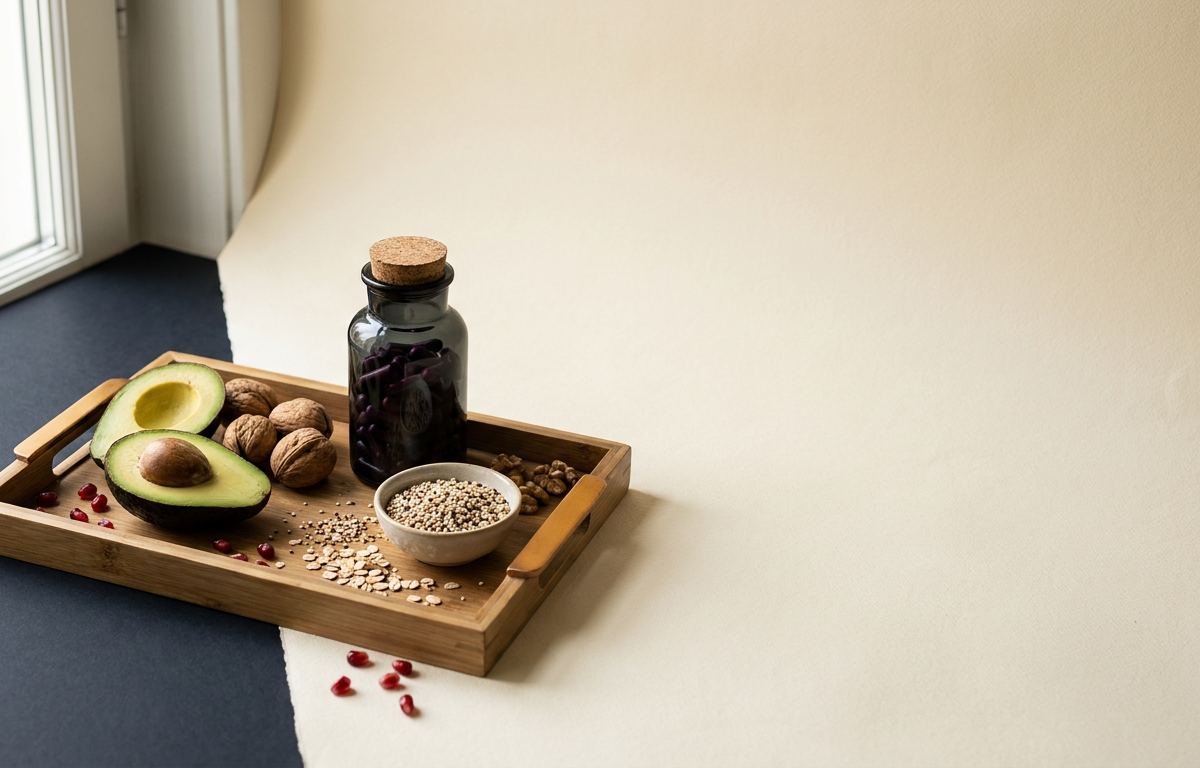 Dettaglio di un piano alimentare sano con frutta, cereali integrali e l'integratore di acai berry 2026