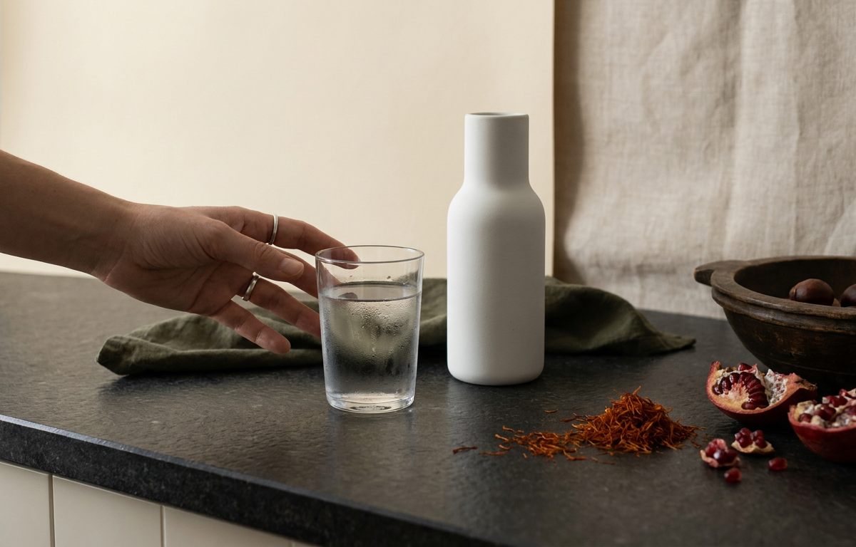 Bicchiere d'acqua e flacone di integratori naturali per la routine quotidiana