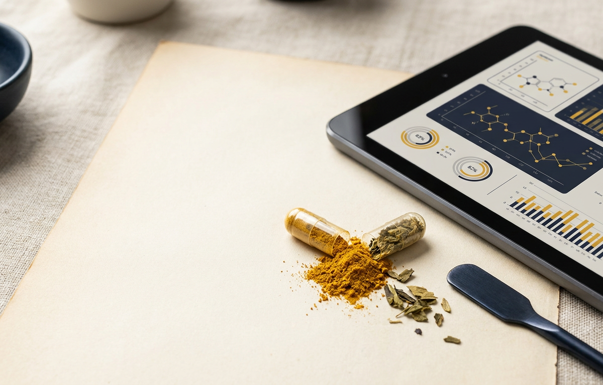Capsula e polvere di estratto di luppolo accanto a pubblicazioni scientifiche su tablet