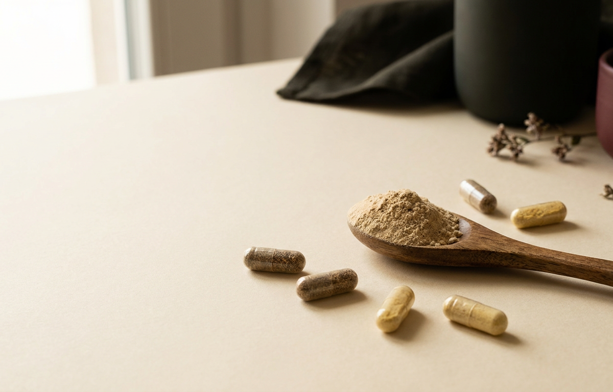 Dettaglio di capsule e polvere di radice di Ashwagandha scientificamente testata