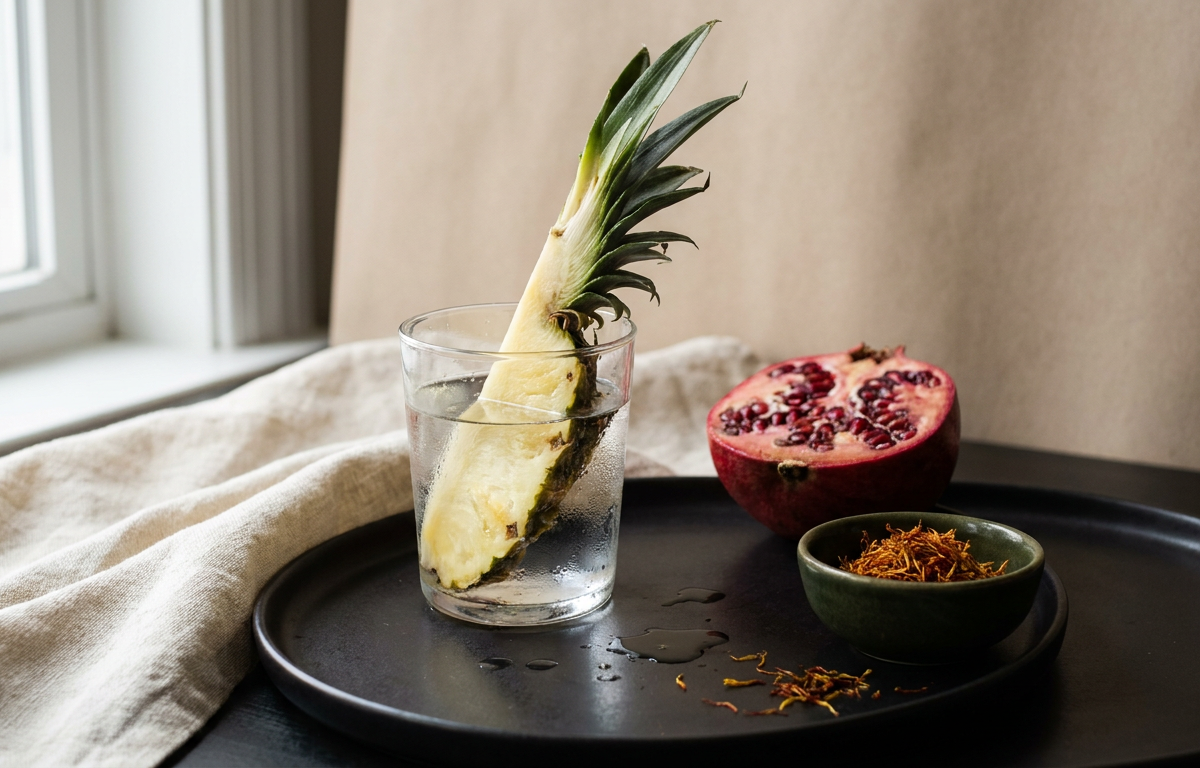 Ananas fresco e bicchiere d'acqua per l'assunzione di bromelina in Aflogis 2026
