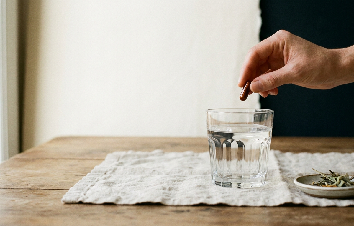 Bicchiere d'acqua e capsula di African Mango prima del pasto 2026